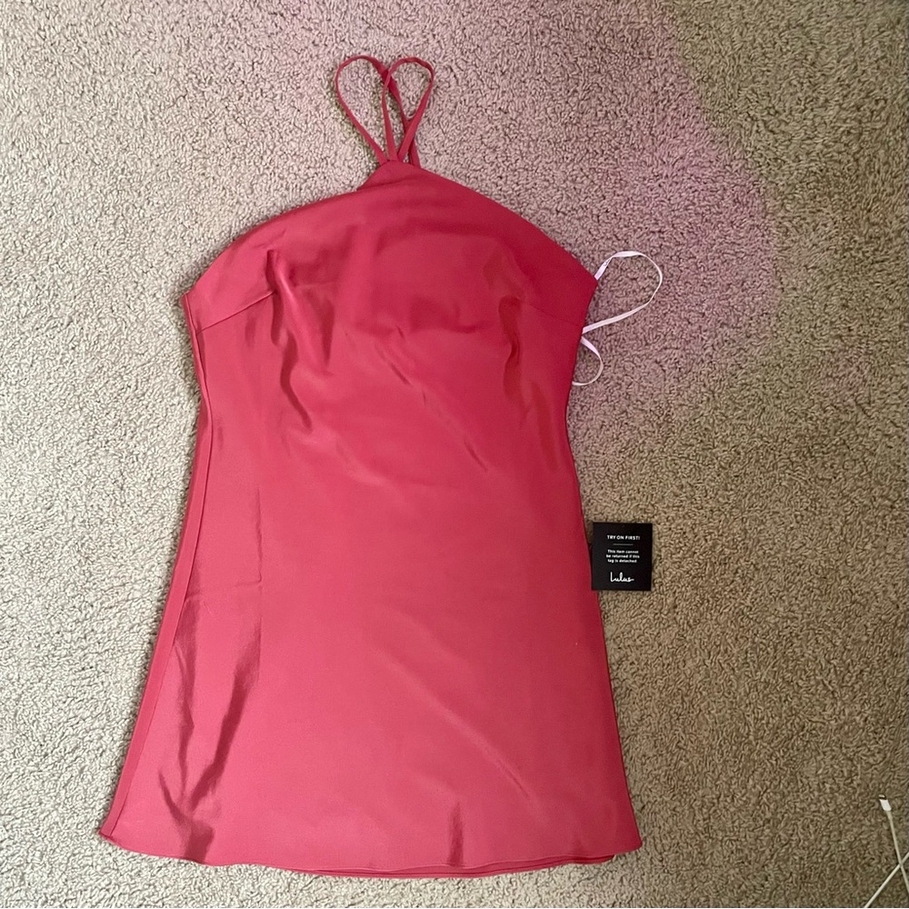 lulus coral satin halter minidress (M)